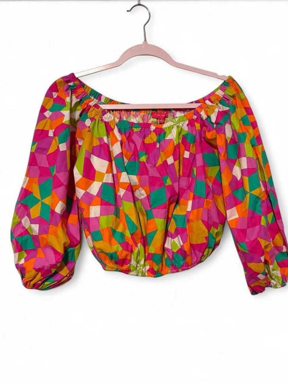 Flying Tomato  multi-colored geometric print cropped blouse with puffy sleeves,